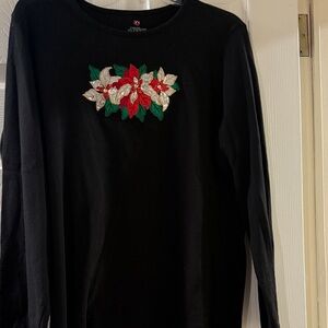 Black Long Sleeve Top with Festive Poinsettia Embroidery